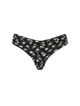 Panty tipo tanga sin costuras, color negro con estampado de rosas rosadas y hojas verdes, confeccionado en microfibra ultrasuave.