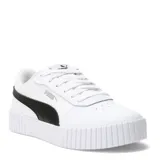 Championes Puma modelo Carina 2.0, de diseño urbano con plataforma. Presentan una base blanca con la franja característica de la marca en color negro en el lateral y logo Puma en plateado.