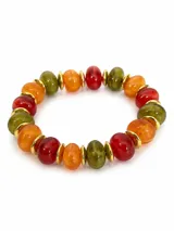 Pulsera elástica compuesta por cuentas de resina en tonos rojo, naranja y verde oliva, intercaladas con arandelas metálicas doradas.