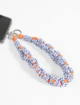 Llavero de cordón trenzado en colores blanco, azul y naranja, para colgar del celular.