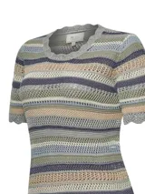 Remera de punto calado con diseño de rayas horizontales multicolor. Presenta cuello redondo y terminaciones con borde ondulado en mangas y ruedo. Incorpora sutiles destellos de lurex en su tejido.