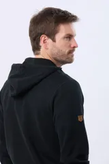 Canguro de felpa color azul marino con cierre frontal completo, capucha con cordones y bolsillos canguro.