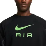 Buzo Nike Air de cuello redondo, color negro con paneles laterales en gris oscuro. Presenta el logo de la marca y la inscripción AIR estampados en el frente en color verde claro.