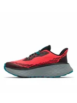 Championes de trekking y trail running Columbia modelo Konos Trillium Atr Omni-Max para mujer, en color coral con suela chunky gris y detalles en negro y verde azulado.