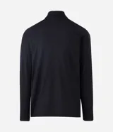 Remera deportiva térmica de hombre, color azul melange, de manga larga con corte raglán, cuello alto y cierre frontal parcial.