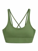 Top deportivo color verde militar con tirantes finos cruzados en la espalda y banda elástica en la base.
