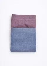 Pack de dos bombachas tipo vedetina confeccionadas en microfibra sin costuras, con textura acanalada. Incluye una prenda color violeta y una color azul.