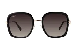 Lentes de sol Lancel con marco cuadrado de acetato negro y puente metálico dorado. Poseen cristales degradados en tono gris oscuro.