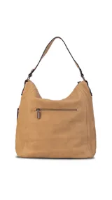 Cartera de hombro tipo hobo en color negro, confeccionada en material símil cuero con textura granulada. Presenta un diseño funcional con cierre principal, bolsillo frontal con cierre y detalles de tachas metálicas, además de una correa de hombro fija y una correa larga ajustable y extraíble.