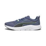Championes deportivos Puma FTR Connect, color azul con detalles en negro y verde neón. Presentan una parte superior de malla transpirable, entresuela blanca amortiguada y suela de goma resistente.