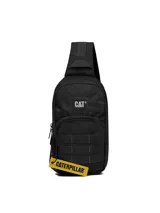 Bolso tipo sling bag de la marca Cat, color azul con estampado geométrico sutil. Cuenta con un compartimento principal con cierre, bolsillo frontal con cremallera, bolsillos laterales de red y correa ajustable para llevar al hombro.