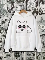 Canguro blanco con capucha y bolsillo delantero tipo canguro. Estampado frontal con dibujo de gato con gafas de sol y mejillas rosadas.