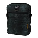 Bolso tipo morral de la marca Caterpillar, con diseño urbano y funcional. Presenta un estampado geométrico en tonos oscuros, compartimento principal con cierre, bolsillo frontal con cremallera, bolsillo trasero con velcro y correa ajustable para el hombro. Incluye logo de la marca en la parte superior y etiqueta lateral.