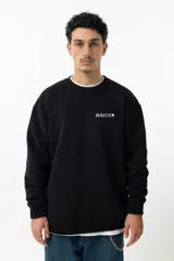 Buzo de cuello redondo color negro, con calce relajado. Presenta un estampado gráfico de alto contraste en la espalda que muestra una figura humana flotando bajo una estructura arquitectónica y el texto 'VERNAL'. En el frente, incluye un pequeño logo minimalista.