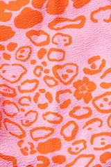 Conjunto de bikini con estampado animal print en tonos rosado y naranja. El corpiño es de estilo triángulo con breteles finos y la bombacha es de tiro bajo con corte en V.