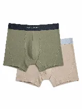 Pack de dos bóxers lisos Brooksfield, uno en color verde militar con cintura elástica negra con el logo de la marca, y otro en tono tostado con cintura elástica gris clara.