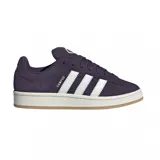 Championes Adidas modelo Campus 00s, color violeta oscuro con las icónicas tres tiras laterales en blanco. Presentan una silueta clásica de perfil bajo, confeccionados en gamuza con suela de goma en tono claro.