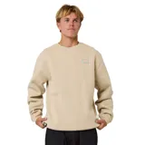 Buzo color beige de cuello redondo, con un parche bordado en el pecho con la palabra "Rivvia" y un pequeño logo en la parte inferior izquierda.