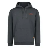 Buzo canguro con capucha Merrell Trails-H de color gris oscuro, con bolsillo tipo sobre en el frente, cordones ajustables y el logo de la marca estampado en color naranja en el pecho.