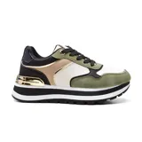 Zapatillas deportivas Korium Judith de mujer, con plataforma gruesa a rayas horizontales blancas y negras, y capellada multicolor en tonos verde oliva, blanco, beige, negro y dorado.