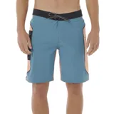 Bermuda de baño azul con cintura negra, cordón de ajuste y detalles en color salmón en los laterales.