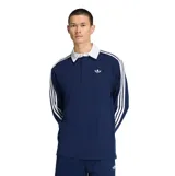 Remera tipo polo de manga larga Adidas, color azul marino con cuello y botones en color blanco, y las tres líneas características de la marca en blanco a lo largo de las mangas.