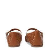 Balerina estilo Mary Jane de cuero color marrón, con diseño calado en toda la superficie, punta ovalada y correa ajustable con hebilla metálica dorada.