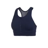 Top deportivo azul marino con breteles anchos, espalda deportiva y cierre frontal.