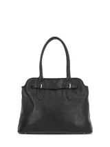 Cartera Hush Puppies Minster Bag de color negro, confeccionada en material sintético con textura arrugada. Presenta doble asa de hombro, herrajes metálicos dorados, detalles de tiras decorativas con hebillas y un llavero colgante con el logo del perro Basset Hound.