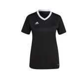 Remera deportiva Adidas de mujer, color negro con cuello en V blanco y logo de la marca en el pecho.