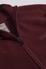Campera tejida de algodón en color bordó, con cierre frontal completo, cuello alto y logo bordado en el pecho.
