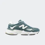 Championes urbanos New Balance modelo 9060, color verde azulado con detalles en blanco, confeccionados en gamuza y malla, con logo "N" característico en los laterales y entresuela con amortiguación ABZORB y SBS.