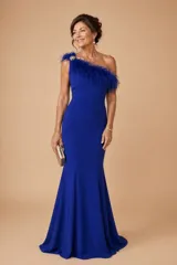 Vestido largo de fiesta color azul royal, con diseño asimétrico de un solo hombro decorado con plumas y un aplique brillante. Presenta un corte entallado en la cintura y falda estilo sirena con caída fluida.