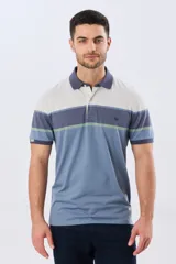 Remera polo de manga corta con diseño de franjas horizontales en tonos azul, beige, marrón y celeste. Cuenta con cuello camisero, cierre frontal de dos botones y pequeño logo bordado en el pecho.