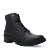 Botas tipo borceguí de cuero negro con cordones, ojales metálicos y suela de goma con taco bajo.