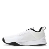 Championes deportivos Adidas modelo Courtflash Speed, color blanco con detalles en negro. Presentan un diseño de malla transpirable con las icónicas tres tiras laterales en contraste, cierre de cordones y suela de goma resistente para mayor tracción.