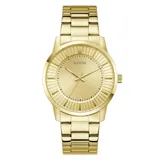 Reloj analógico Guess modelo Emmett con caja y malla de acero inoxidable en tono dorado. Presenta una esfera texturizada de 42 mm con acabado brillante y movimiento de cuarzo.