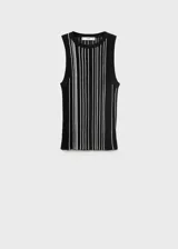 Top de tejido de punto fino con diseño entallado, sin mangas y cuello halter. Presenta un estampado de rayas verticales en contraste.
