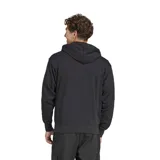 Canguro deportivo Adidas con capucha y cordones ajustables, color negro con las icónicas tres tiras blancas en las mangas y logo de la marca bordado en el centro del pecho. Cuenta con un bolsillo frontal tipo canguro y puños acanalados.