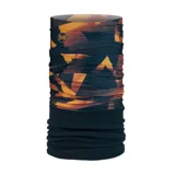 Cuello multifuncional Buff, modelo Polar, con diseño estampado geométrico en tonos naranja y negro en la parte superior y base lisa en color negro. Fabricado con tejido polar para mayor calidez.