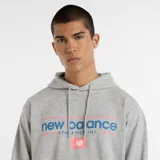 Canguro gris de New Balance con capucha ajustable con cordones, puños acanalados, bolsillo tipo canguro y logo de la marca estampado en el frente.