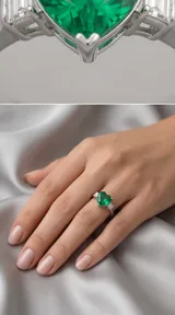 Anillo de plata 925 con piedra central en forma de corazón de color verde y detalles de circonias tipo baguette en los laterales.