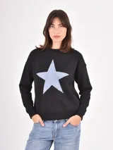 Buzo de cuello redondo y manga larga, color negro con estampa frontal de una estrella grande en color gris claro con efecto desgastado.