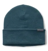 Gorro tipo beanie de punto en color azul, con diseño de doblez y etiqueta con el logo de la marca Columbia en el frente.
