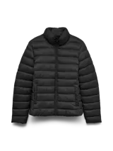 Campera puffer corta de color negro con diseño acolchado, cuello alto, cierre frontal y bolsillos laterales.