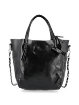 Cartera tipo tote bag plateada, con doble asa corta y correa de cadena extraíble.