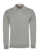 Sweater de punto gris con cuello camisero y cierre frontal de botones, de manga larga y calce regular.