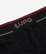 Calzoncillo bóxer azul de poliamida sin costuras, con cintura elástica gris y logo Lupo amarillo.