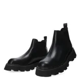 Botas Chelsea de mujer color negro, caña corta, confeccionadas en material sintético liso. Presentan elástico lateral acanalado y una suela track gruesa y dentada.