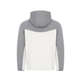 Campera deportiva con capucha y cierre frontal, diseño bicolor en gris y negro con logo de la marca en el pecho y bolsillos laterales con cierre.